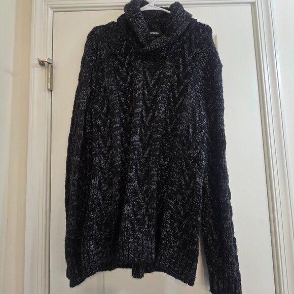Men's Express Cable Knit Ribbed Sleeve Shawl Collar Sweater - Black with White - Picture 1 of 6